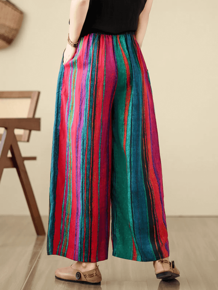 Zylira Women Summer Vintage Striped Ramie Wide-Leg Pants - ZYLIRA