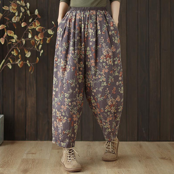 Zylira Women Winter Printed Floral Cotton Linen Cotton-Padded Pants - ZYLIRA