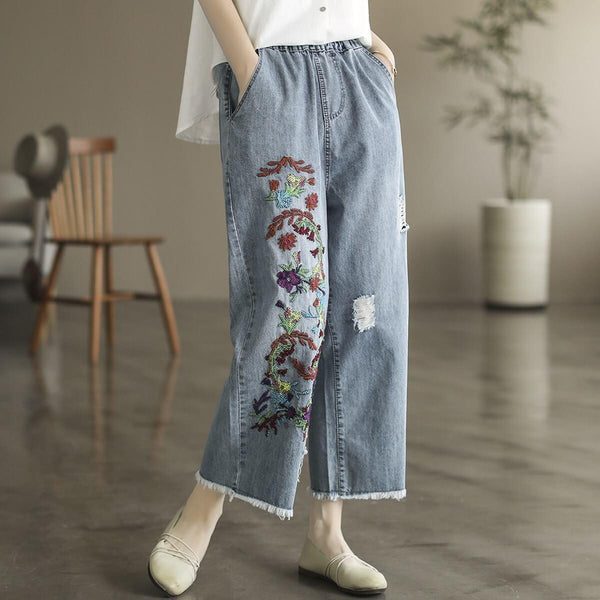 Zylira Women Autumn Art Floral Casual Denim Jeans Pants - ZYLIRA