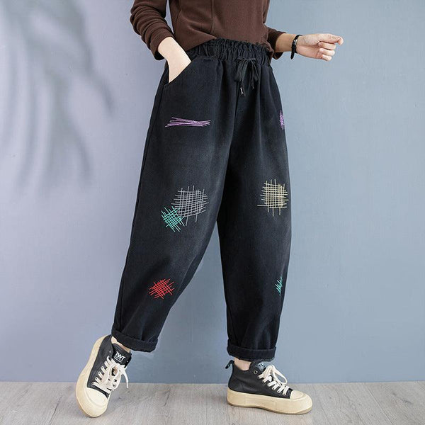 Zylira Women Winter Embroidered Fleece-Lined Retro Denim Harem Pants - ZYLIRA