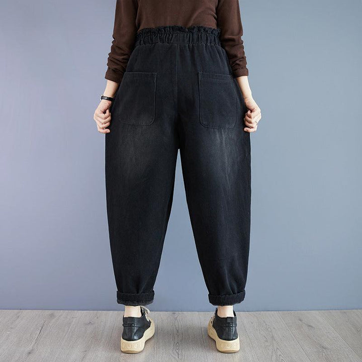 Zylira Women Winter Embroidered Fleece-Lined Retro Denim Harem Pants - ZYLIRA