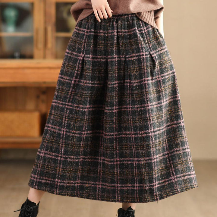 Zylira Women Autumn Retro Plaid Woolen A- Line Skirt - ZYLIRA