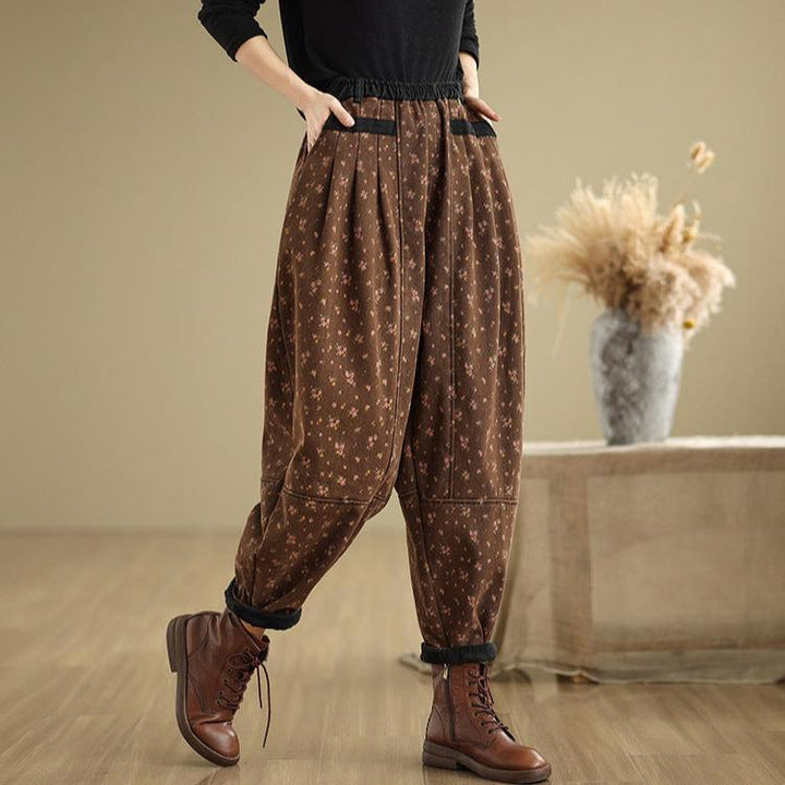 Zylira Women Winter Fleece-Lined Printed Relaxed-Fit Denim Harem Pants - ZYLIRA