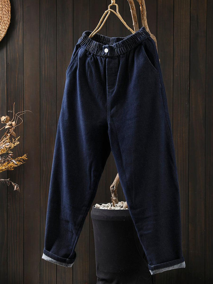 Zylira Women Winter Blue Cotton- Lined Denim Thickened Harem Pants - ZYLIRA