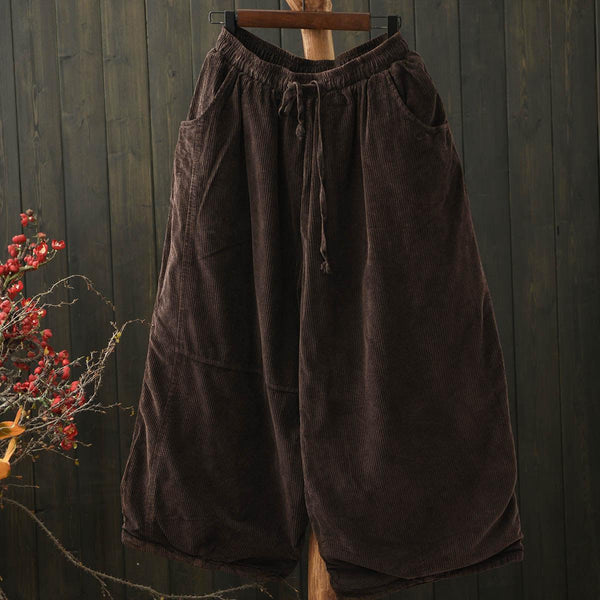 Women Winter Vintage Corduroy Tie-Waist Quilted Wide-Leg Pants - ZYLIRA