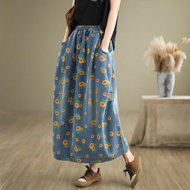 Zylira Women Autumn Loose Artistic Printed Denim Skirt - ZYLIRA