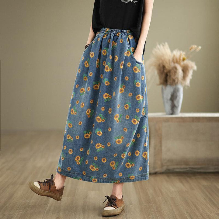 Zylira Women Autumn Loose Artistic Printed Denim Skirt - ZYLIRA