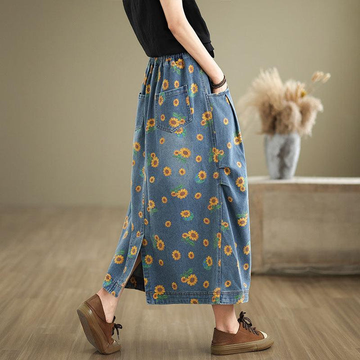 Zylira Women Autumn Loose Artistic Printed Denim Skirt - ZYLIRA