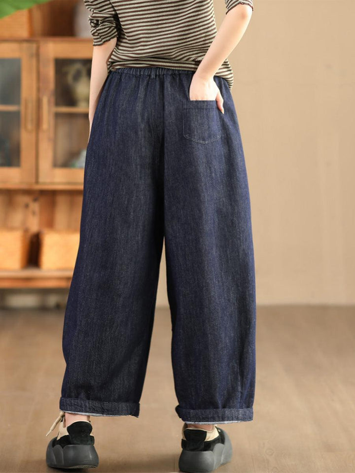 Zylira Women Autumn Cotton Linen Yarn- Dyed Denim Wide- Leg Pants - ZYLIRA