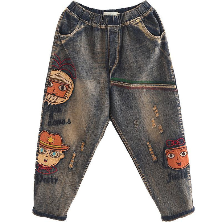 Retro Cartoon Embroidered Cropped Jeans - ZYLIRA