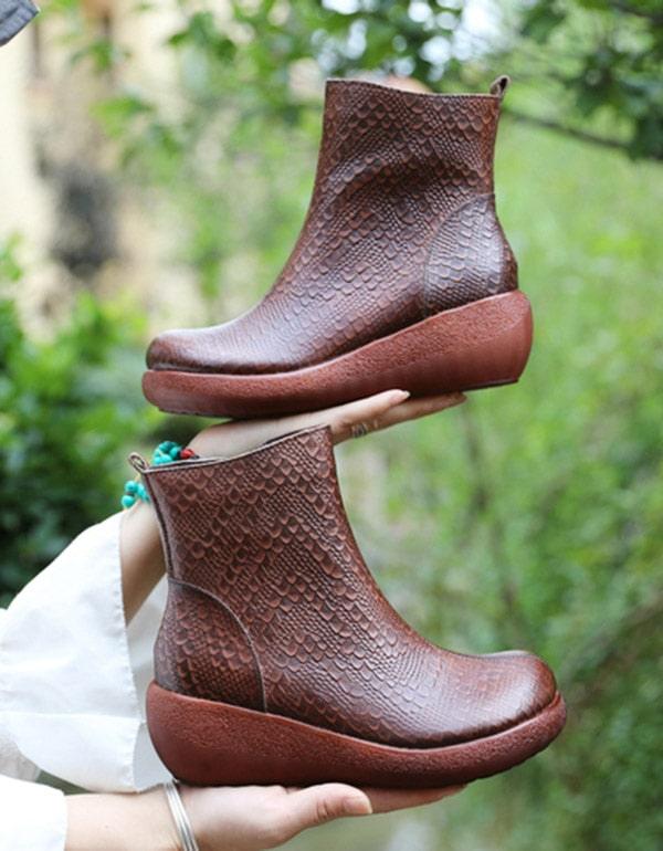 Autumn Retro Leather Snakeskin Pattern Wedge Boots - ZYLIRA