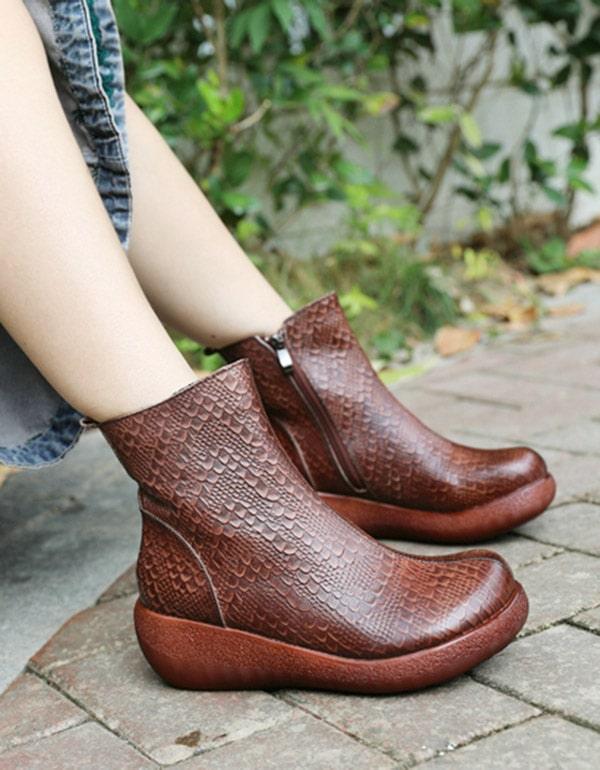 Autumn Retro Leather Snakeskin Pattern Wedge Boots - ZYLIRA