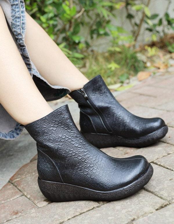 Autumn Retro Leather Snakeskin Pattern Wedge Boots - ZYLIRA