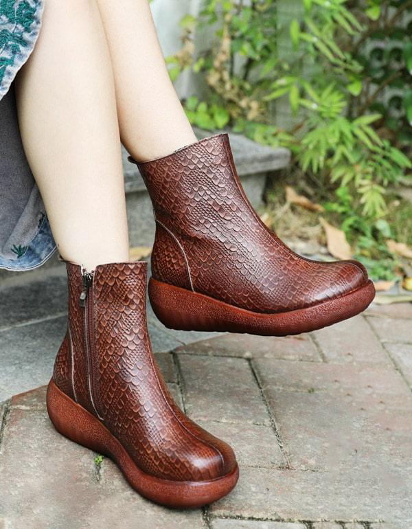 Autumn Retro Leather Snakeskin Pattern Wedge Boots - ZYLIRA