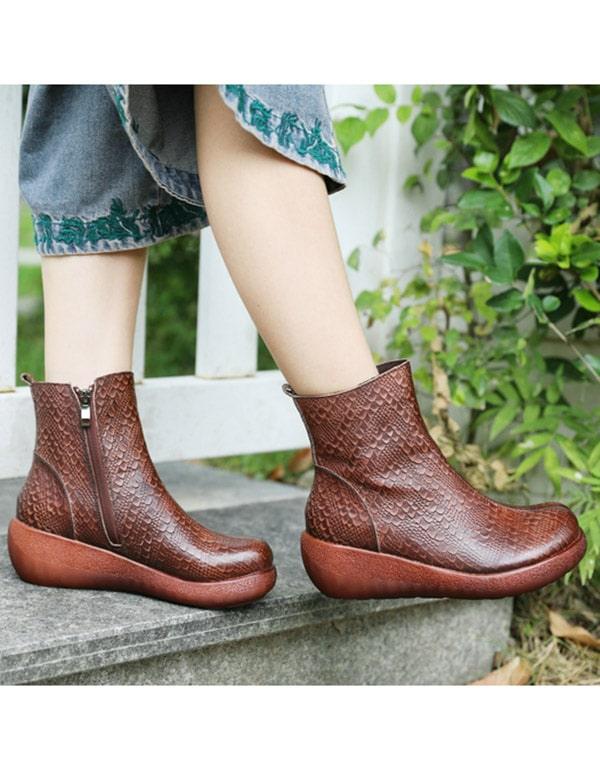 Autumn Retro Leather Snakeskin Pattern Wedge Boots - ZYLIRA