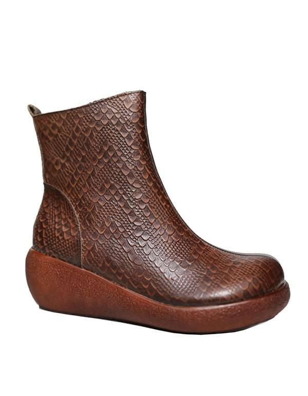 Autumn Retro Leather Snakeskin Pattern Wedge Boots - ZYLIRA