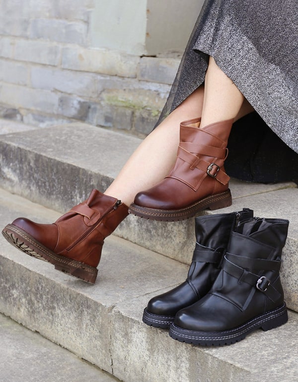 Bottes de moto pour femmes à semelles épaisses et à boucle