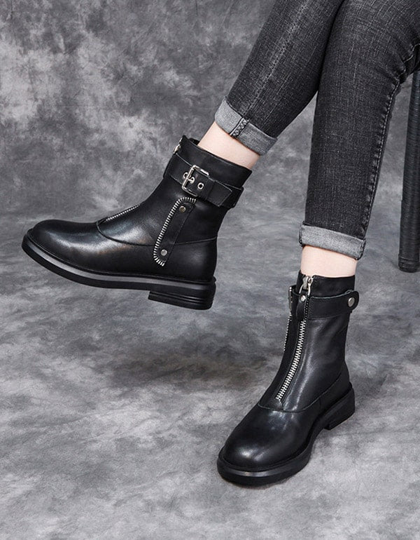 Autumn Winter Leather Zipper Punk Boots Black