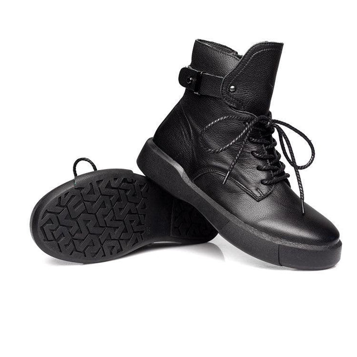 Autumn Winter Retro Leather Lace-up Black Ankle Boots for Women - ZYLIRA
