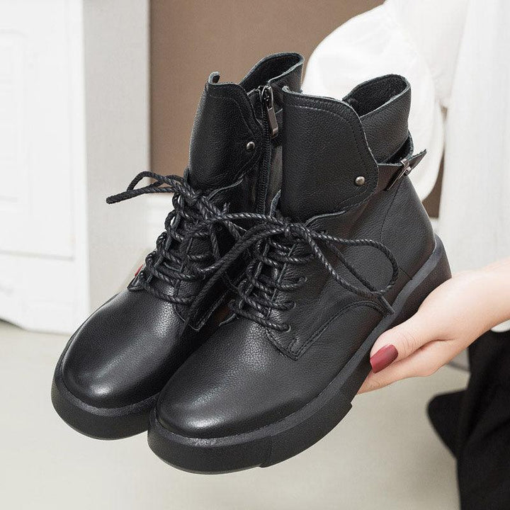 Autumn Winter Retro Leather Lace-up Black Ankle Boots for Women - ZYLIRA