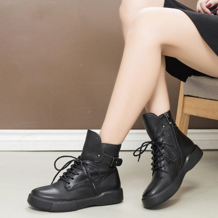 Autumn Winter Retro Leather Lace-up Black Ankle Boots for Women - ZYLIRA