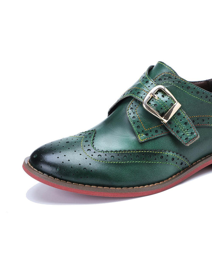 Brogue Style Monke Strap Vintage Green Oxford Shoes - ZYLIRA