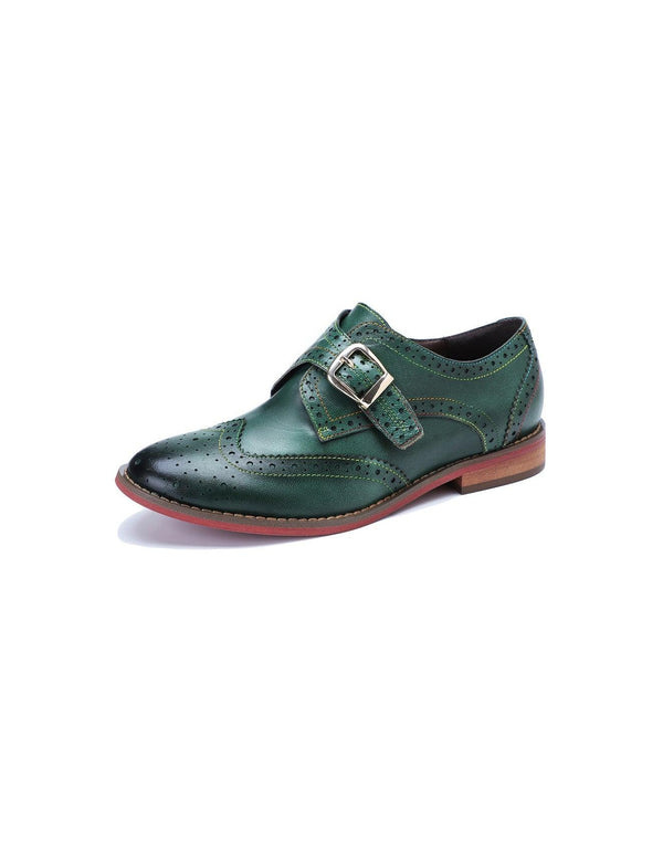Brogue Style Monke Strap Vintage Green Oxford Shoes - ZYLIRA