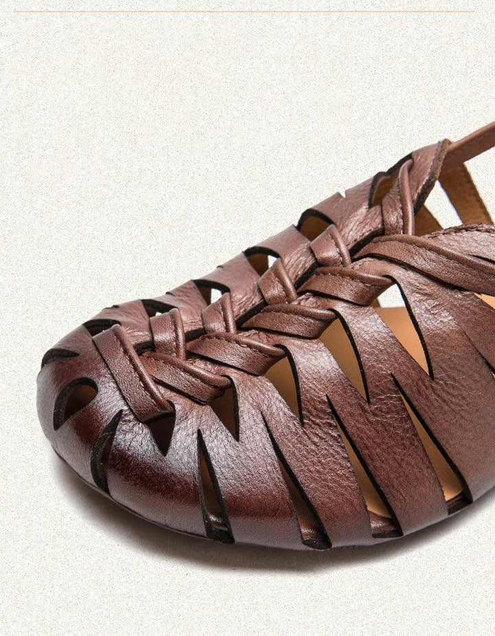 Close Toe Breathable Leather Braids Retro Flat Sandals - ZYLIRA