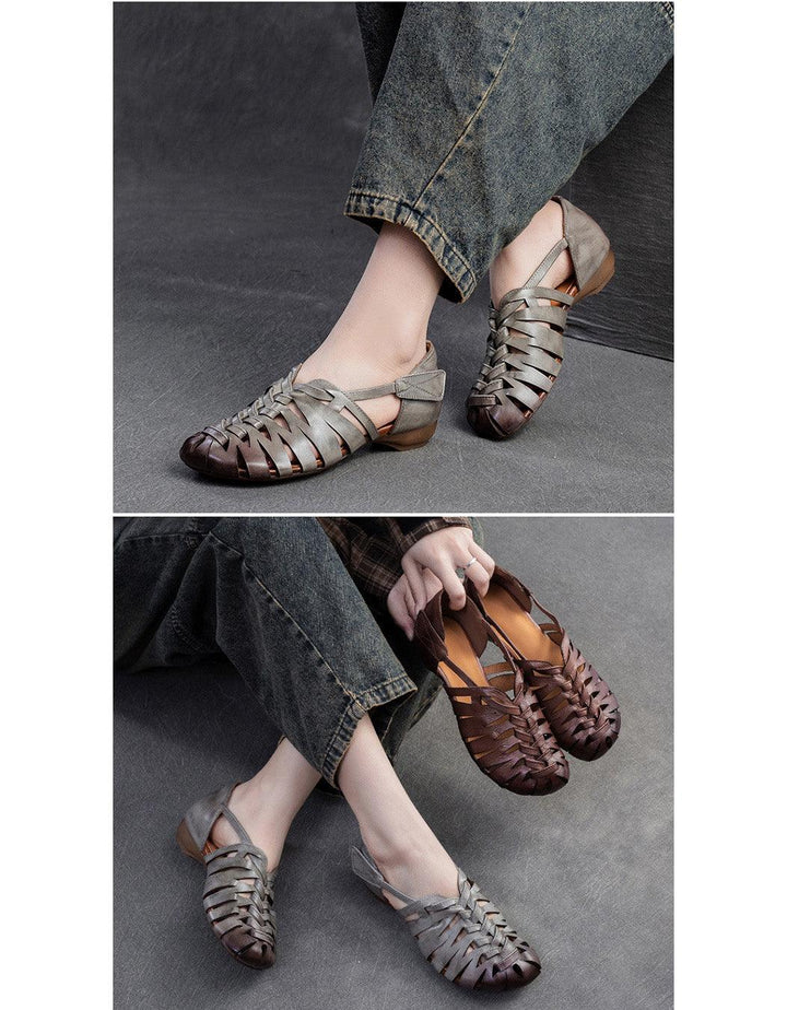 Close Toe Breathable Leather Braids Retro Flat Sandals - ZYLIRA