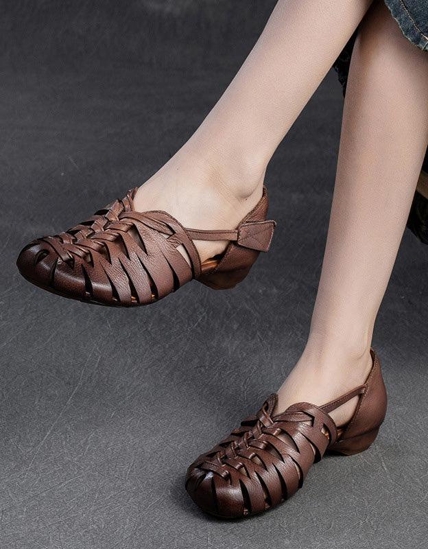 Close Toe Breathable Leather Braids Retro Flat Sandals - ZYLIRA