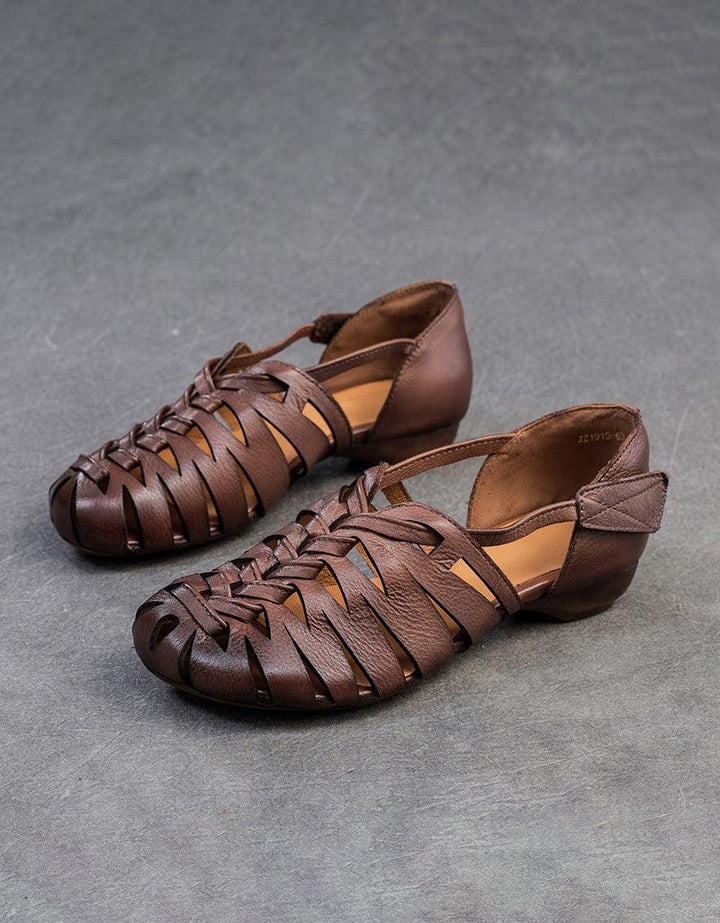 Close Toe Breathable Leather Braids Retro Flat Sandals - ZYLIRA