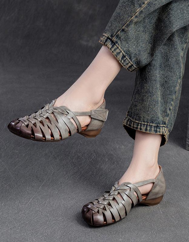 Close Toe Breathable Leather Braids Retro Flat Sandals - ZYLIRA