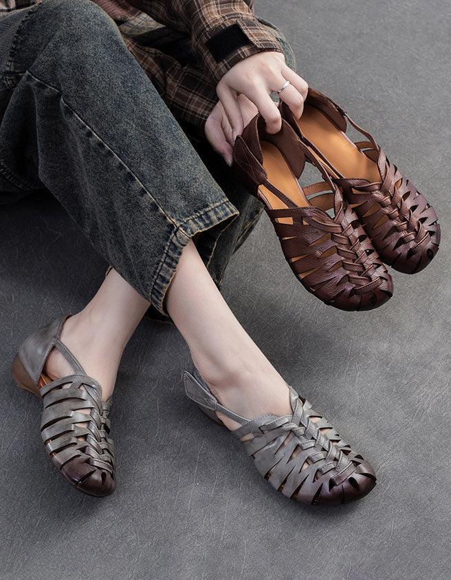 Close Toe Breathable Leather Braids Retro Flat Sandals - ZYLIRA