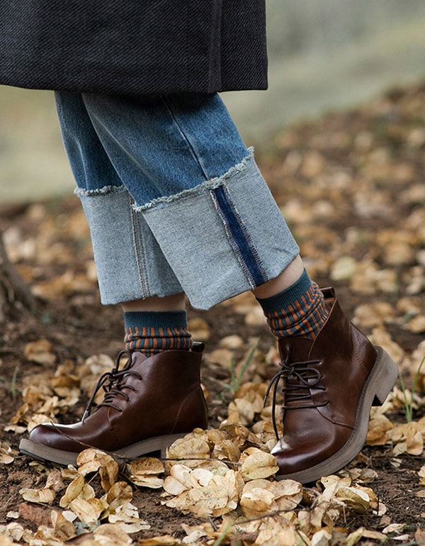 Cowhide Lace-up Autumn Leather Ankle Boots