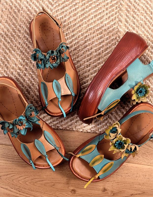 Flower Retro Leather Color Matching Beach Sandals - ZYLIRA