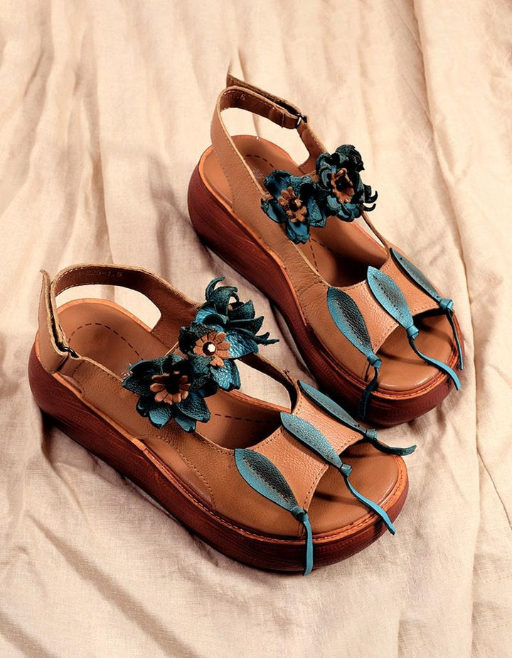 Flower Retro Leather Color Matching Beach Sandals - ZYLIRA