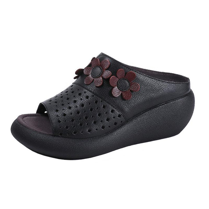 Women's Retro Leather Flower Wedge Slides - ZYLIRA