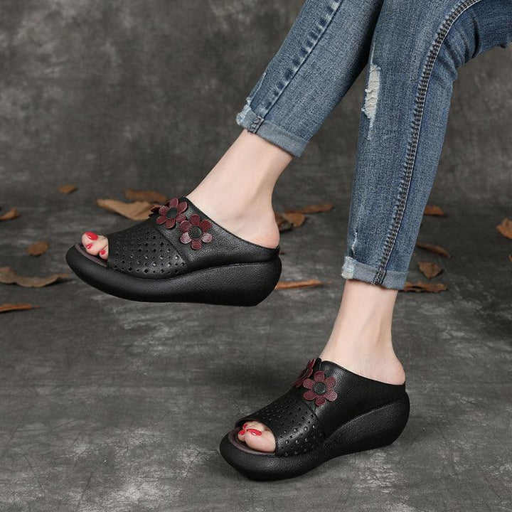 Women's Retro Leather Flower Wedge Slides - ZYLIRA