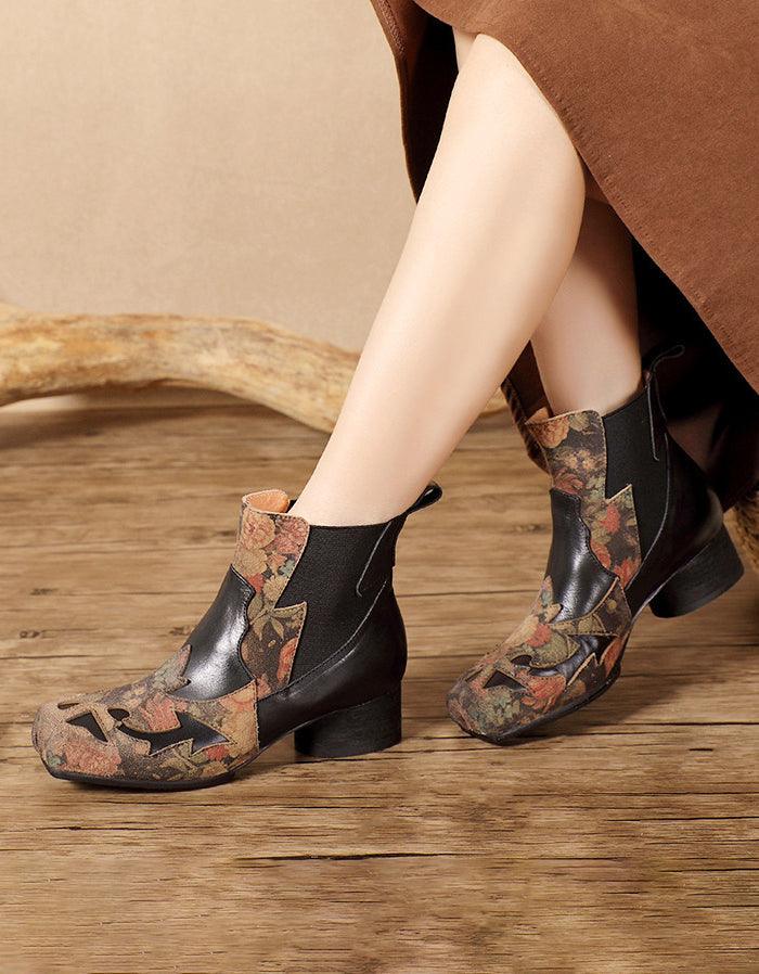 Genuine Leather Ethnic Handmade Square Toe Chunky Heel Boots - ZYLIRA