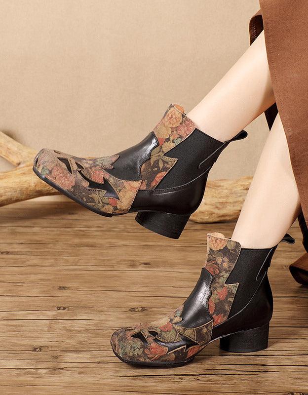 Genuine Leather Ethnic Handmade Square Toe Chunky Heel Boots - ZYLIRA