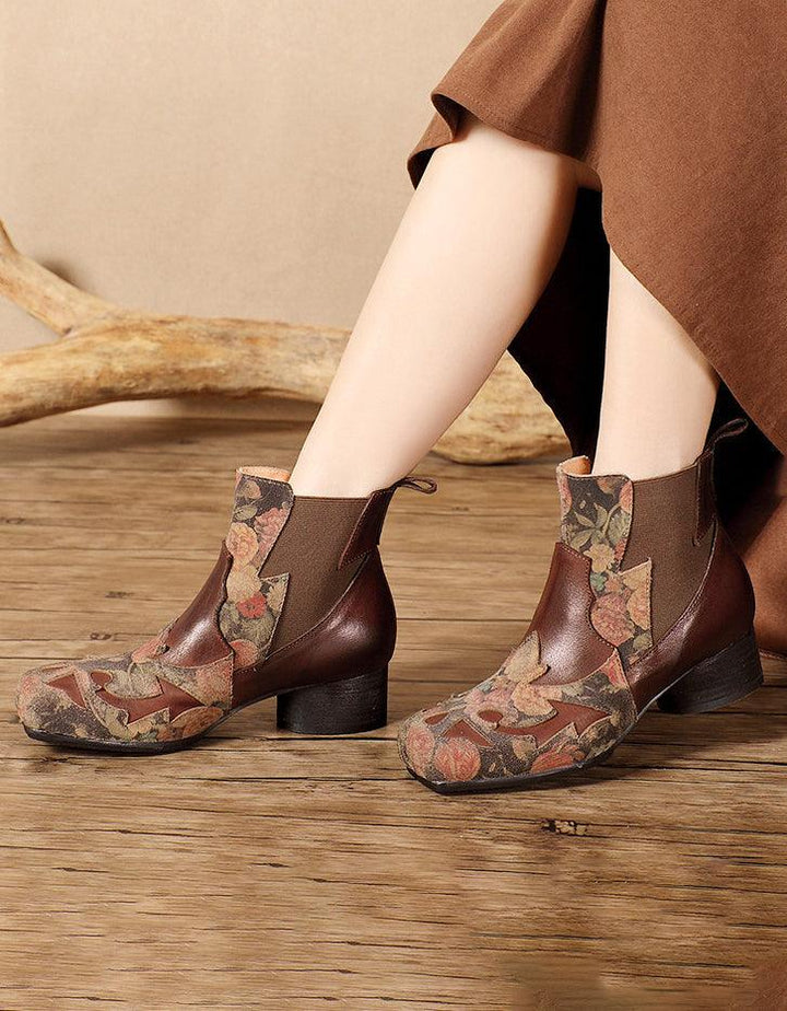 Genuine Leather Ethnic Handmade Square Toe Chunky Heel Boots - ZYLIRA