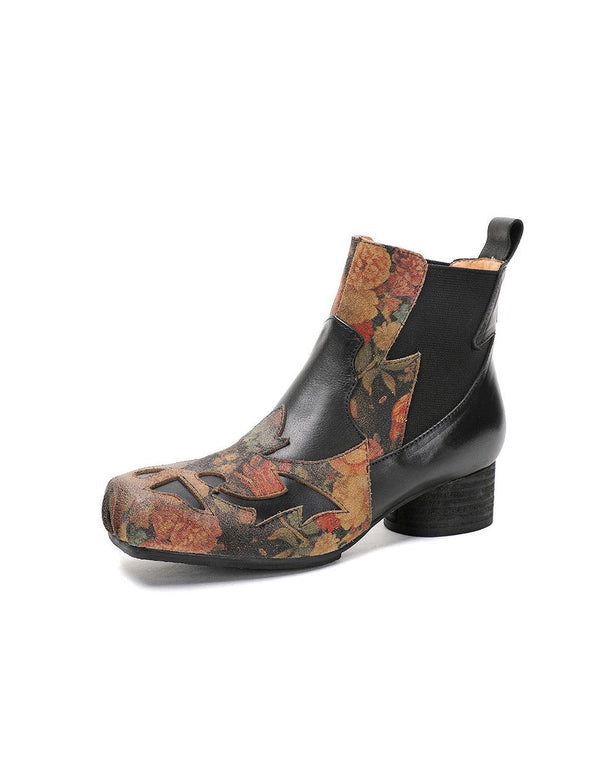 Genuine Leather Ethnic Handmade Square Toe Chunky Heel Boots - ZYLIRA