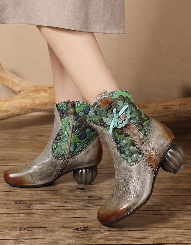 Genuine Leather Hand-brushed Ethnic Style Chunky Heel Boots - ZYLIRA