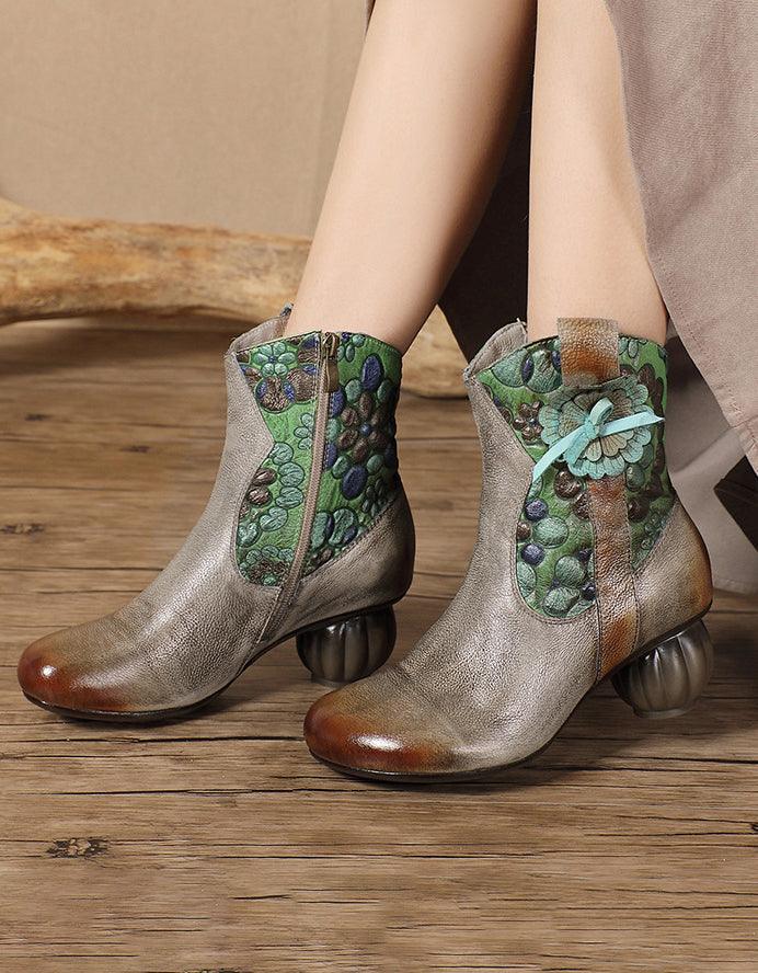 Genuine Leather Hand-brushed Ethnic Style Chunky Heel Boots - ZYLIRA