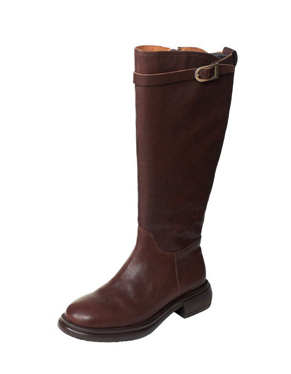 Genuine Leather Side Buckle British Style Knee High Boots