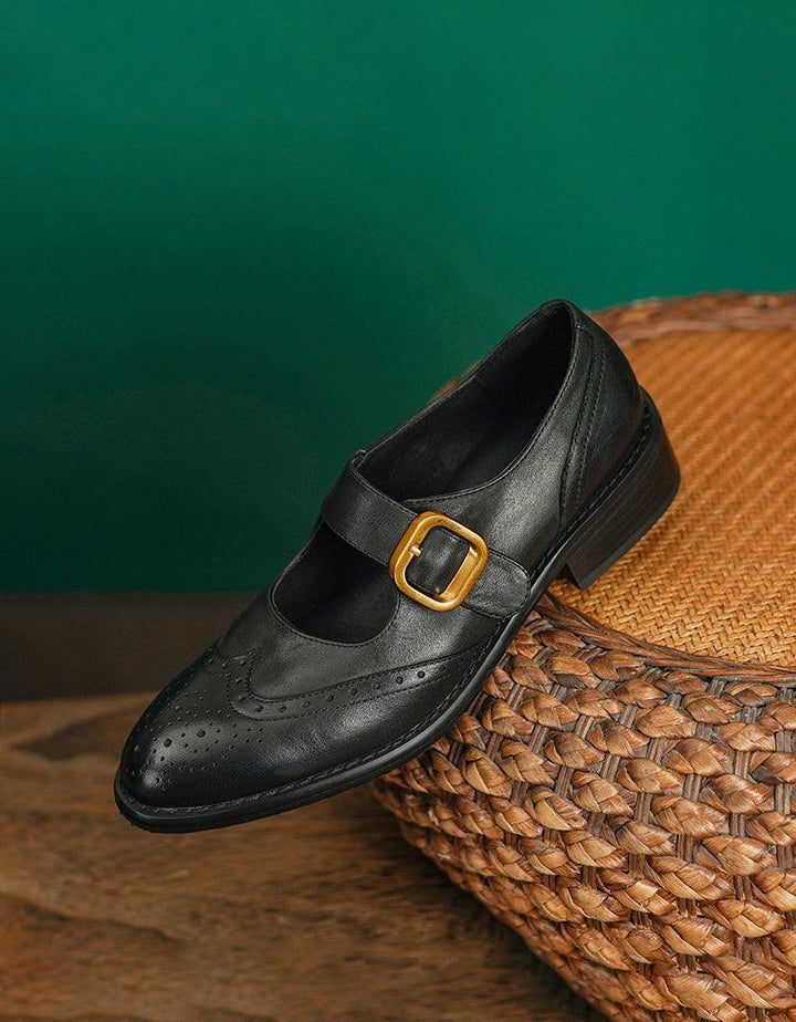 Genuine Leather Vintage Brogue Style Mary Jane Shoes - ZYLIRA