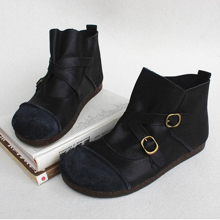 Round Head Cross Strap Soft Leather Retro Boots 41 - ZYLIRA