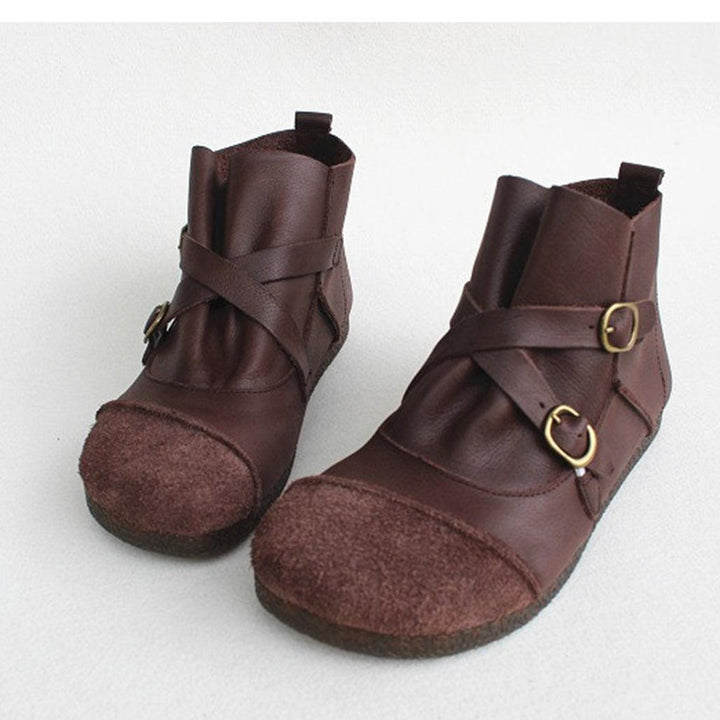 Round Head Cross Strap Soft Leather Retro Boots 41 - ZYLIRA