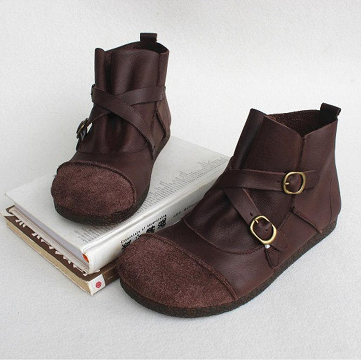 Round Head Cross Strap Soft Leather Retro Boots 41 - ZYLIRA