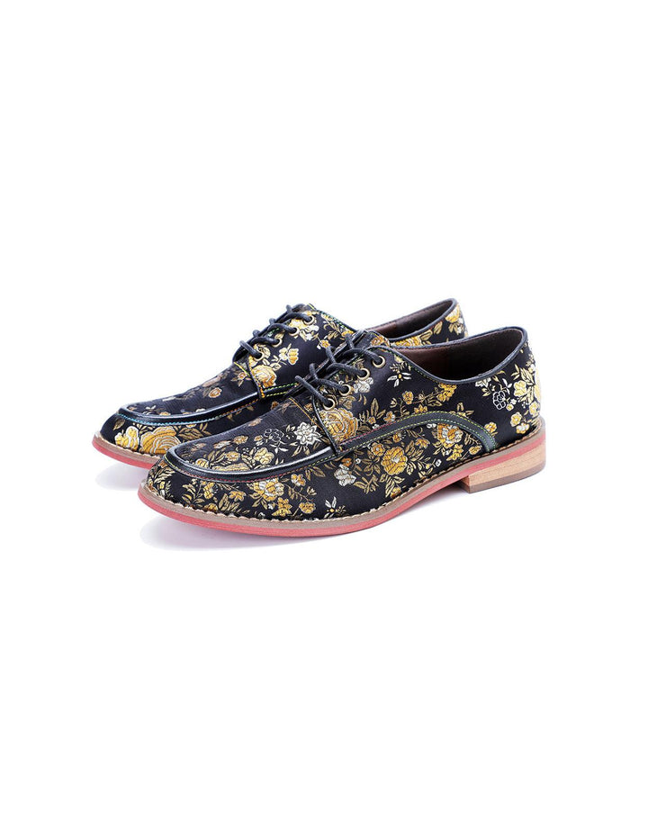 Hand-brushed Leather Printed Vintage Floral Oxford Shoes - ZYLIRA